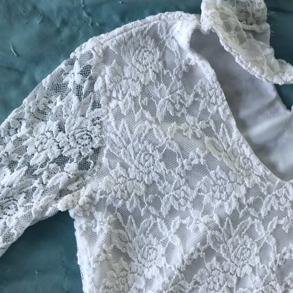 White Ivory Floral Embroidered Lace Double Layered Sheer Long Sleeve Top - Picture 11 of 16